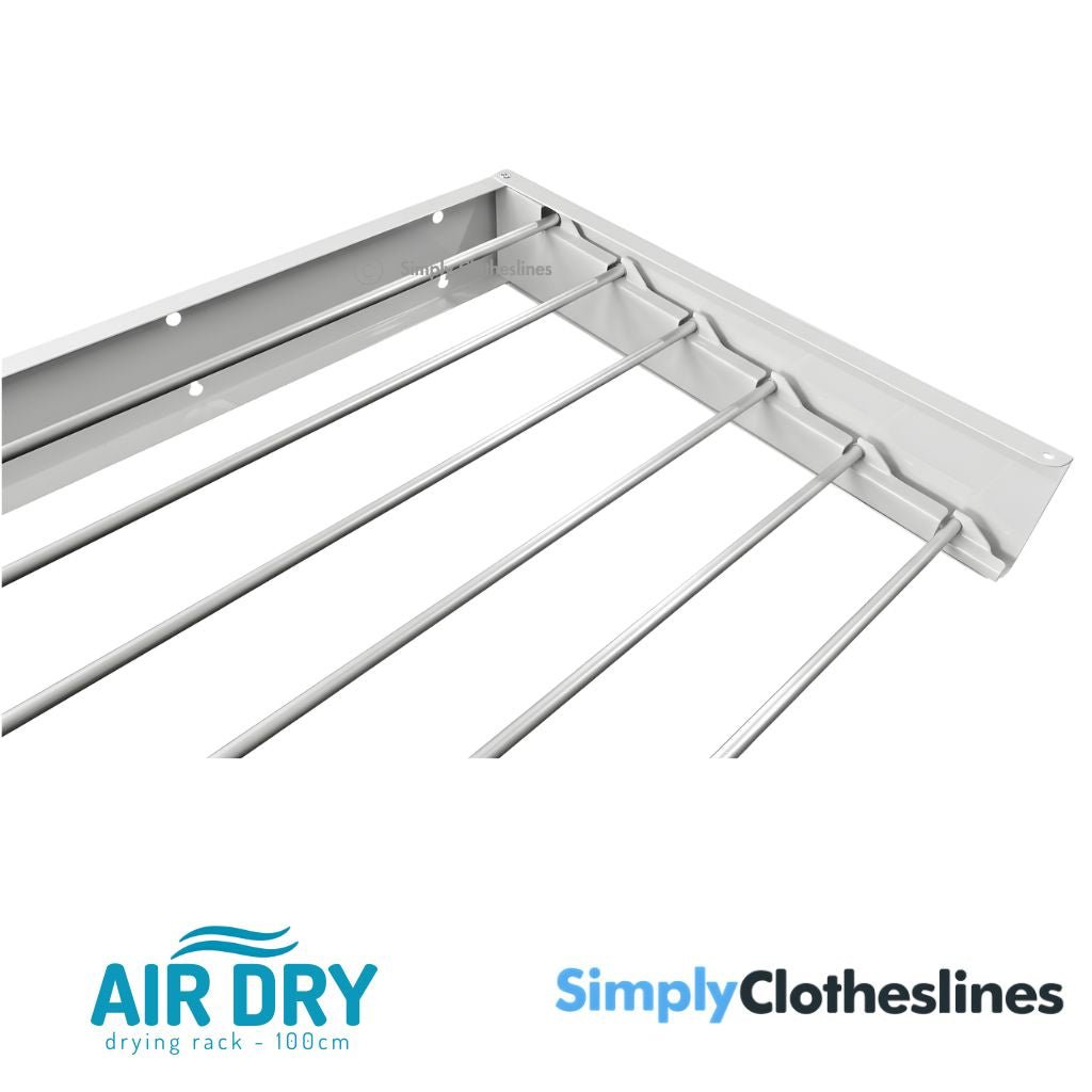 Close-up view of the retractable aluminium drying lines and underside support frame of the Air Dry wall mounted airer.