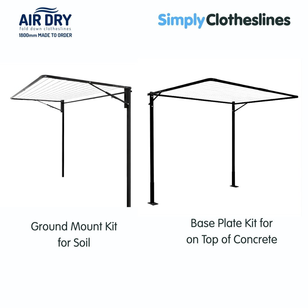 Two Air Dry 1.8m (1800mm) clothesline installation additional options: both clotheslines are open. The clothesline on the left represents Ground Mount Kit for soil and the clothesline on the right represents Base Plate Kit for installation on top of concrete. Colour Ironstone