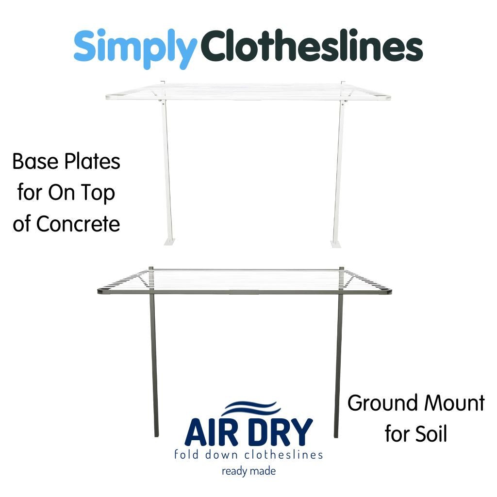 Two Air Dry clotheslines additional installation options: both clotheslines are open. The clothesline on the top represents a Base Plate Kit for installation on top of concrete in the colour Surfmist. The Clothesline on the bottom represents a Ground Mount Kit for installation into soil, in the colour Woodland Grey.