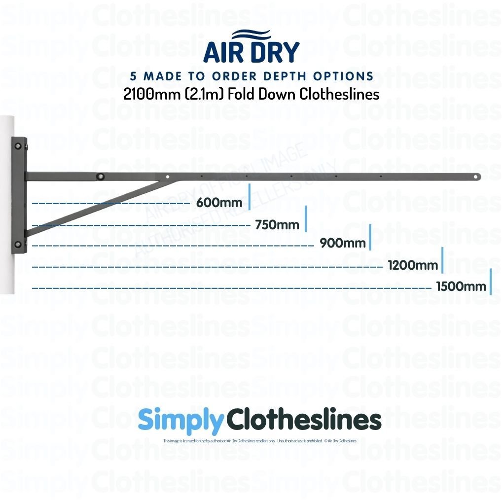 Air Dry 2.1m (2100mm) Fold Down Clothesline showing 5 made to order depth options: 600mm, 750mm, 900mm, 1200mm, and 1500mm.