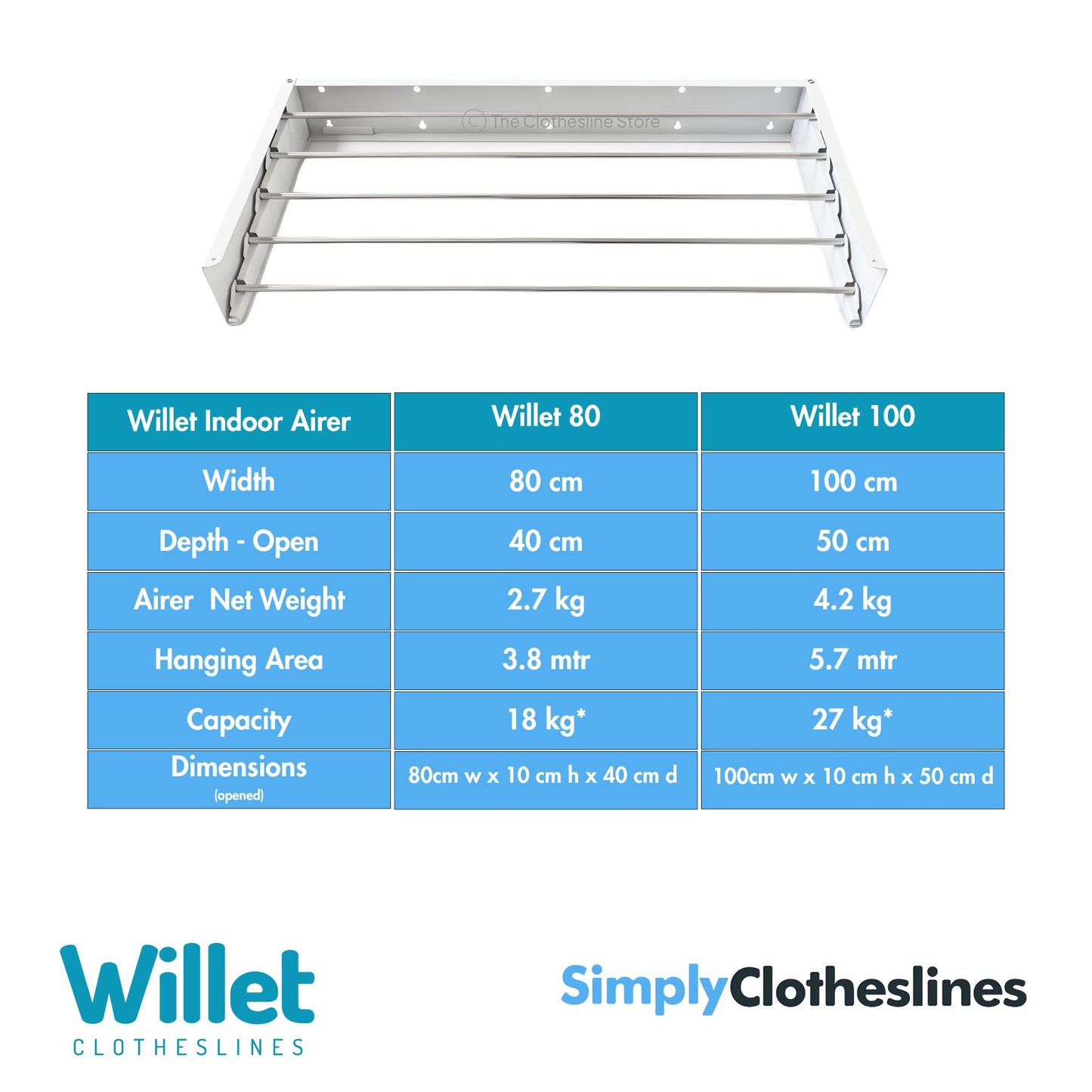 Willet - 100 Wall Mount Fold Down Clothes Airer & Drying Rack - Simply Clotheslines