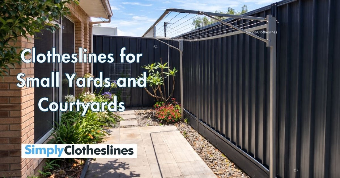 Ground Mounted Clothesline installed in a small courtyard yard with a colorbond fence behind it.