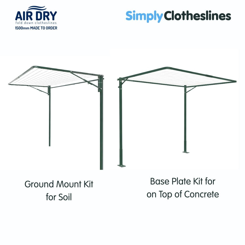 Two Air Dry 1.5m (1500mm) clothesline installation additional options: both clotheslines are open. The clothesline on the left represents Ground Mount Kit for soil and the clothesline on the right represents Base Plate Kit for installation on top of concrete. Both Clotheslines in the Colour Cottage Green.