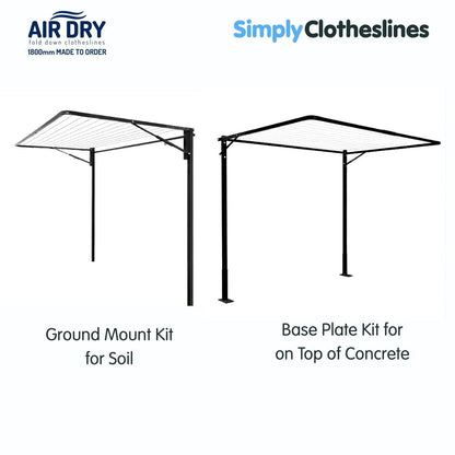 Two Air Dry 1.8m (1800mm) clothesline installation additional options: both clotheslines are open. The clothesline on the left represents Ground Mount Kit for soil and the clothesline on the right represents Base Plate Kit for installation on top of concrete. Colour Ironstone