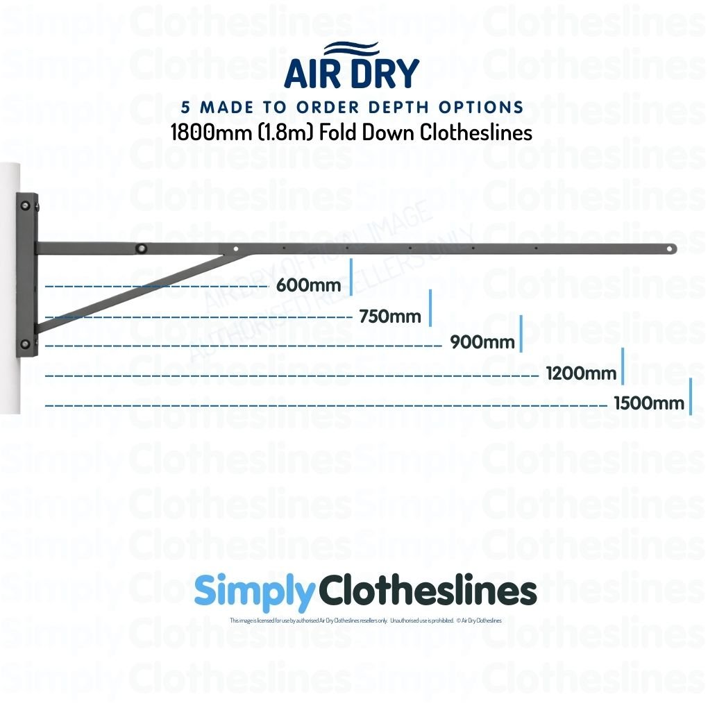 Air Dry 1.8m (1800mm) Fold Down Clothesline showing 5 made to order depth options: 600mm, 750mm, 900mm, 1200mm, and 1500mm.