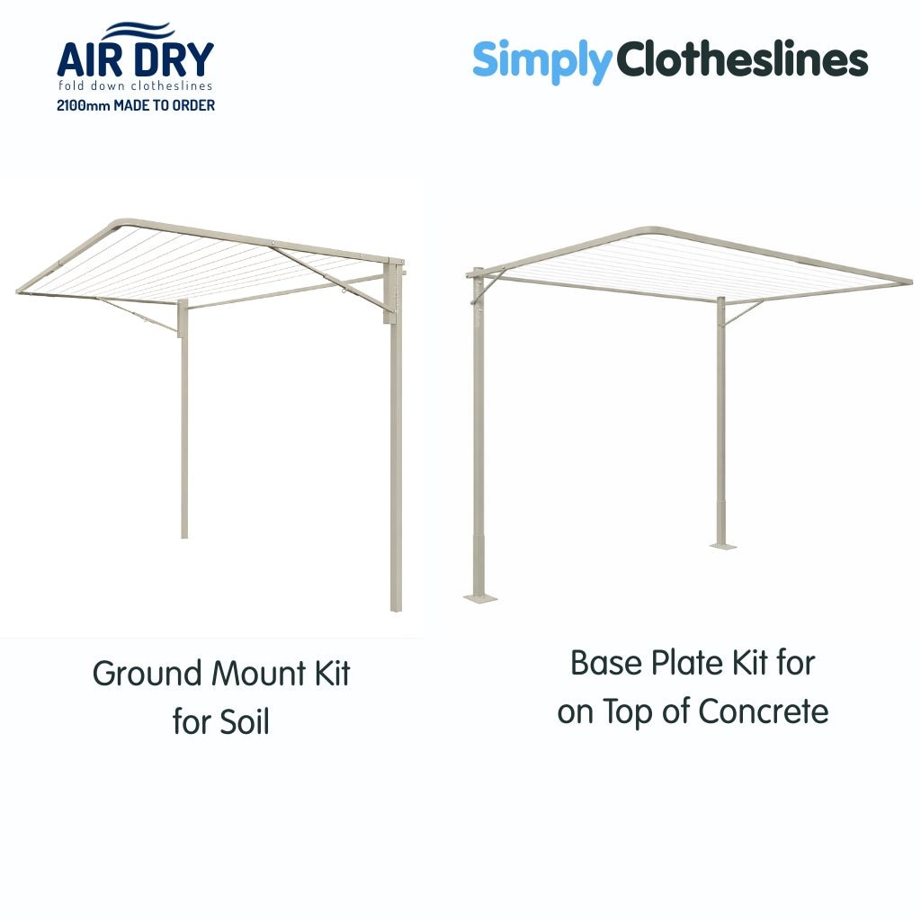 Two Air Dry 2.1m (2100mm) clothesline installation additional options: both clotheslines are open. The clothesline on the left represents Ground Mount Kit for soil and the clothesline on the right represents Base Plate Kit for installation on top of concrete. Both clotheslines in the colour Dune.