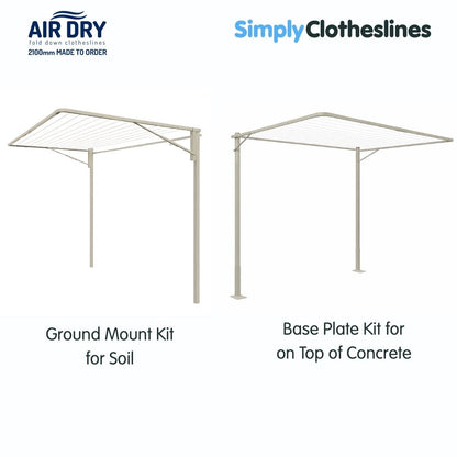 Two Air Dry 2.1m (2100mm) clothesline installation additional options: both clotheslines are open. The clothesline on the left represents Ground Mount Kit for soil and the clothesline on the right represents Base Plate Kit for installation on top of concrete. Both clotheslines in the colour Dune.