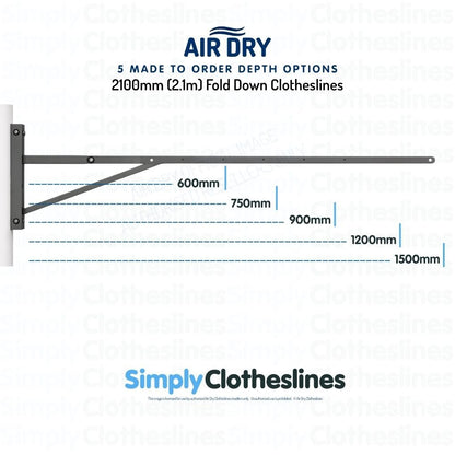 Air Dry 2.1m (2100mm) Fold Down Clothesline showing 5 made to order depth options: 600mm, 750mm, 900mm, 1200mm, and 1500mm.