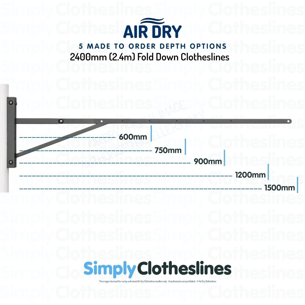 Air Dry 2.4m (2400mm) Fold Down Clothesline showing 5 made to order depth options: 600mm, 750mm, 900mm, 1200mm, and 1500mm.