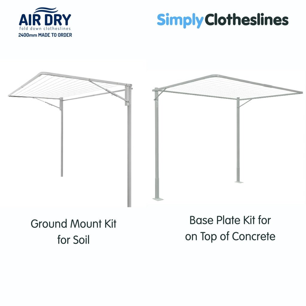 Two Air Dry 2.4m (2400mm) clothesline installation additional options: both clotheslines are open. The clothesline on the left represents Ground Mount Kit for soil and the clothesline on the right represents Base Plate Kit for installation on top of concrete. Both in the colour shale grey