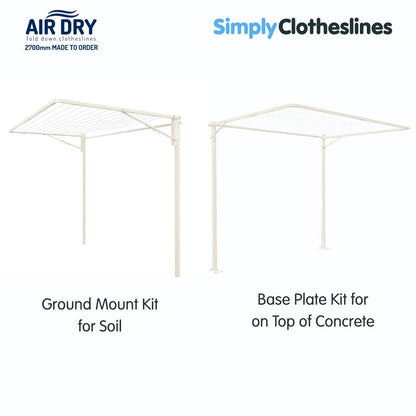 Two Air Dry 2.7m (2700mm) clothesline installation additional options: both clotheslines are open. The clothesline on the left represents Ground Mount Kit for soil and the clothesline on the right represents Base Plate Kit for installation on top of concrete. Colour Classic Cream.
