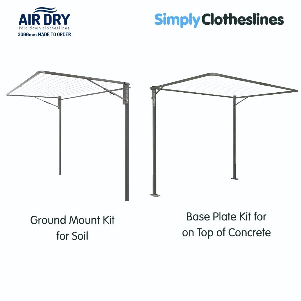 Two Air Dry 3.0m (3000mm) clothesline installation additional options: both clotheslines are open. The clothesline on the left represents Ground Mount Kit for soil and the clothesline on the right represents Base Plate Kit for installation on top of concrete. Both clotheslines are in colour Basalt.