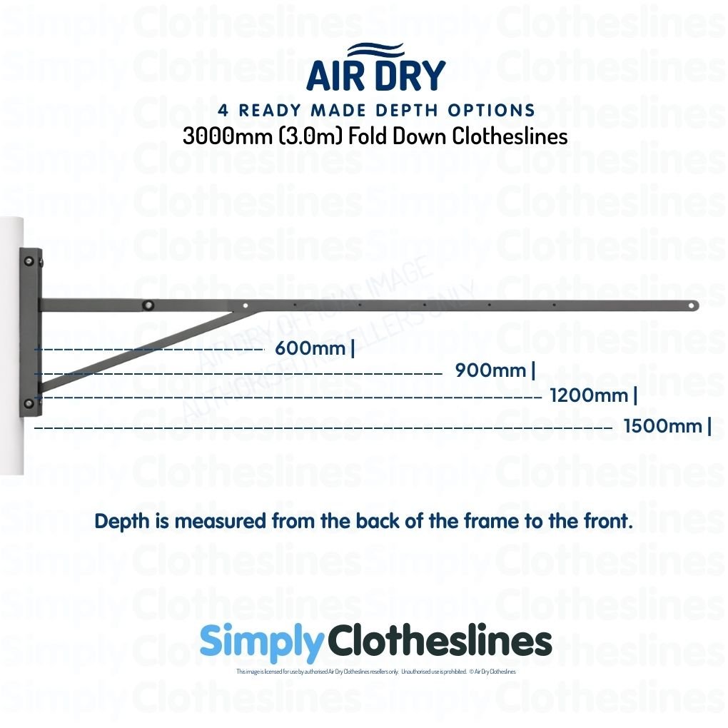 Air Dry 3.0m (3000mm) Fold Down Clothesline showing 4 ready made depth options: 600mm, 900mm, 1200mm, and 1500mm.
