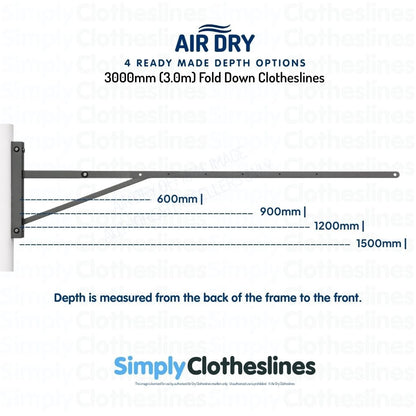 Air Dry 3.0m (3000mm) Fold Down Clothesline showing 4 ready made depth options: 600mm, 900mm, 1200mm, and 1500mm.