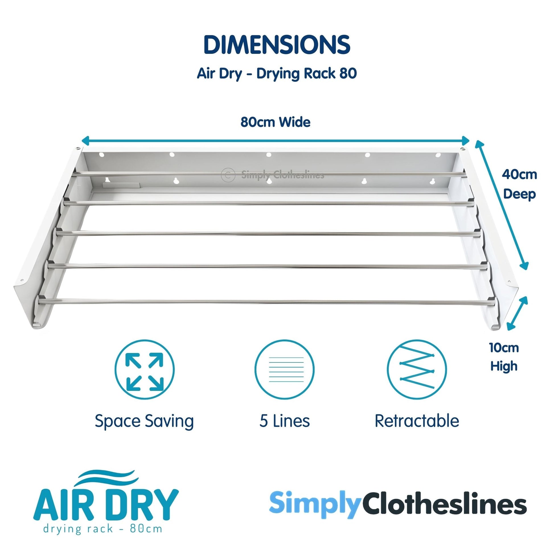 Dimensions diagram for the Air Dry 80cm (0.8m) drying rack showing an 80cm width, 40cm depth, and 10cm height.
