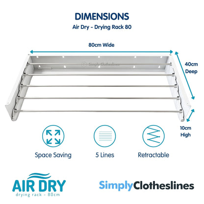 Dimensions diagram for the Air Dry 80cm (0.8m) drying rack showing an 80cm width, 40cm depth, and 10cm height.