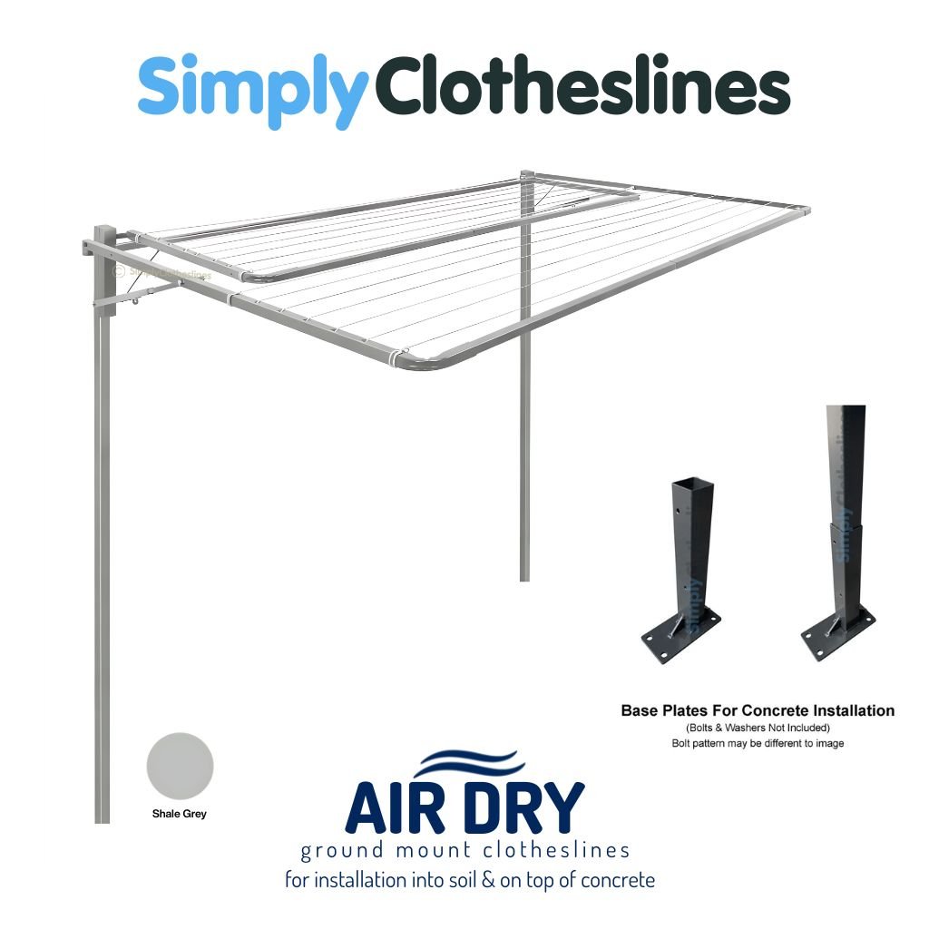 Air Dry Twin 3.0m (3000mm) Fold Down Clothesline - Clothesline is open with a ground mount kit for installation into soil.  On the right hand side of the image are two base plates showing the installation of option for on top of concrete.  The clothesline is in the colour Shale Grey. 