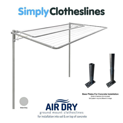 Air Dry Twin 3.0m (3000mm) Fold Down Clothesline - Clothesline is open with a ground mount kit for installation into soil.  On the right hand side of the image are two base plates showing the installation of option for on top of concrete.  The clothesline is in the colour Shale Grey. 