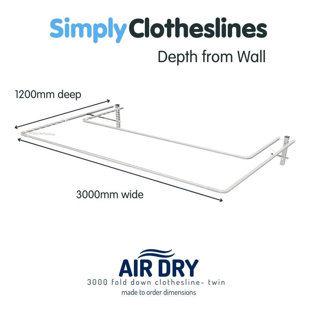 Air Dry Twin 3.0m (3000mm) fold down clothesline fully extended showing dimensions.  3.0m wide x 1.2m deep.  