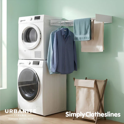 Urbanite Living Drying Rack Wall Mounted Inside a Laundry Room with clothesline hanging from the lines.