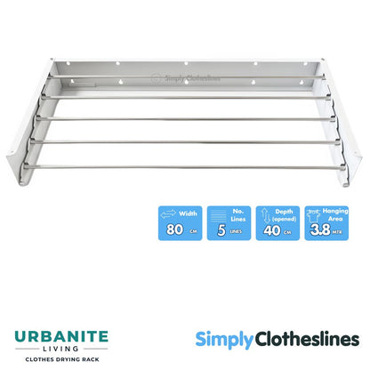 Air Dry 80cm (0.8m) wide wall mounted drying rack showing 5 drying lines and a 3.8m total hanging area. Colour White.