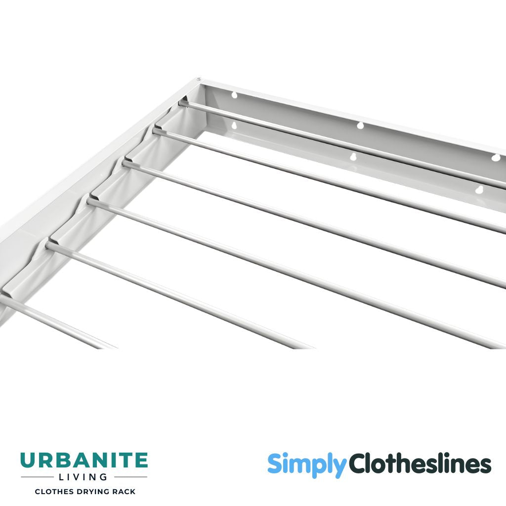 Close-up view of the retractable aluminium drying lines and underside support frame of the Air Dry wall mounted airer.