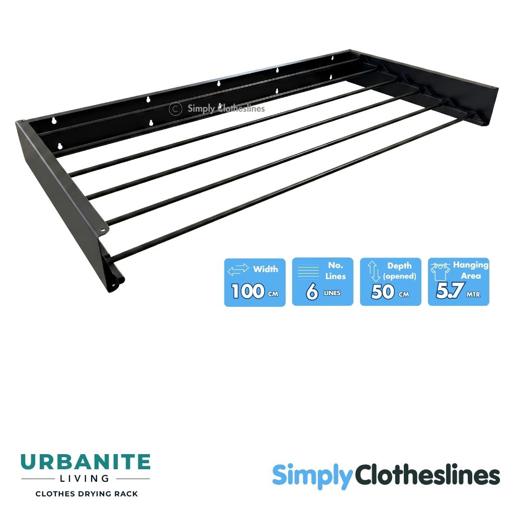 Air Dry 100cm (1.0m) wide wall mounted drying rack showing 6 drying lines and a 5.7m total hanging area. Colour Black.