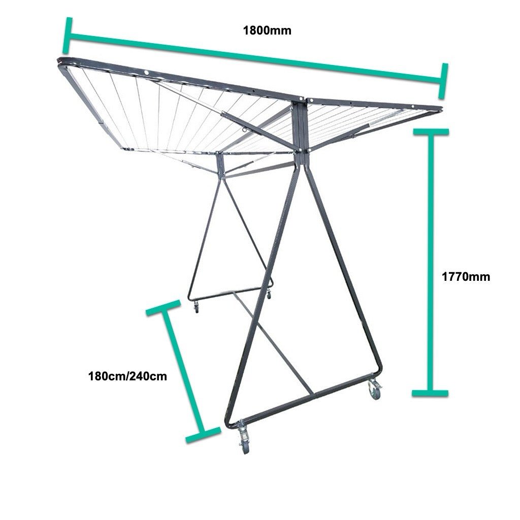 Dimensions diagram for the Sunchaser portable clothesline showing a 1.8m (1800mm) deep, 1.77m (1770mm) height, and the two length options 1.8m (1800mm) and 2.4m (2400mm)