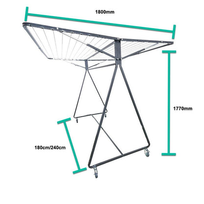 Dimensions diagram for the Sunchaser portable clothesline showing a 1.8m (1800mm) deep, 1.77m (1770mm) height, and the two length options 1.8m (1800mm) and 2.4m (2400mm)